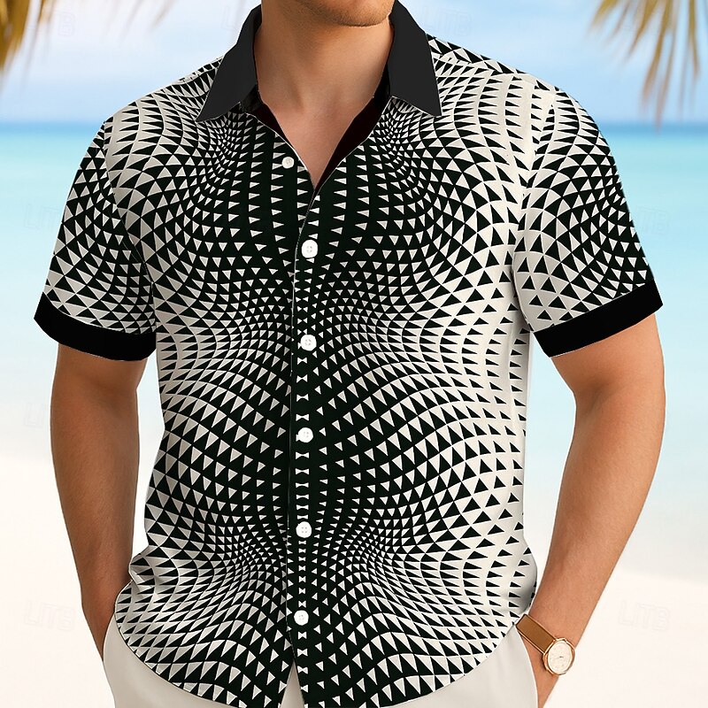 Men's Geometric Dizzy Triangle Shirt Summer Shirt Button Up Shirt Short Sleeve Fashion Casual Outdoor Holiday Summer Spring Turndown 3D Print Collared Shirts Black Blue4