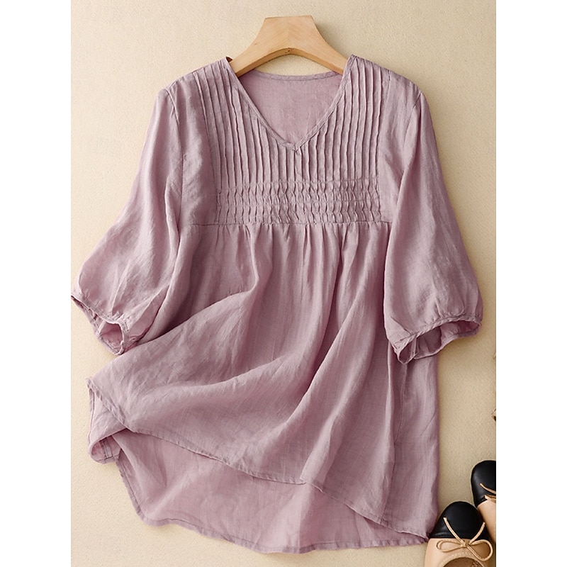 Women's Cotton Linen Shirts Solid Color Basic Casual Half Sleeve V Neck Regular Tops Daily White Pink Blue Purple Summer