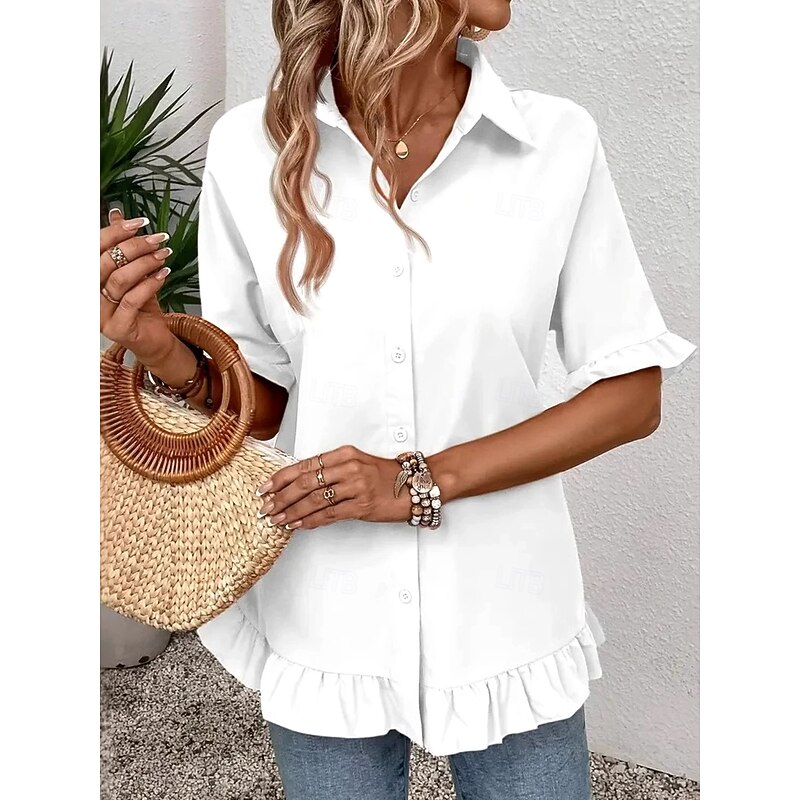 Women's Shirt Button Down Blouse Solid Color Plain Stylish Modern Casual Short Sleeve Shirt Button Down Blouse Collar Regular Tops Work Daily Holiday Ruffle Buttons White Orange Summer Spring4