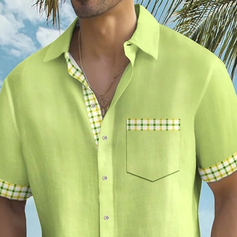Men's Geometric Checkerboard Cuffs Shirt Summer Shirt Button Up Shirt Short Sleeve Fashion Casual Outdoor Vacation Dailywear Summer Spring Turndown 3D Print Collared Shirts Front One Pocket Green3