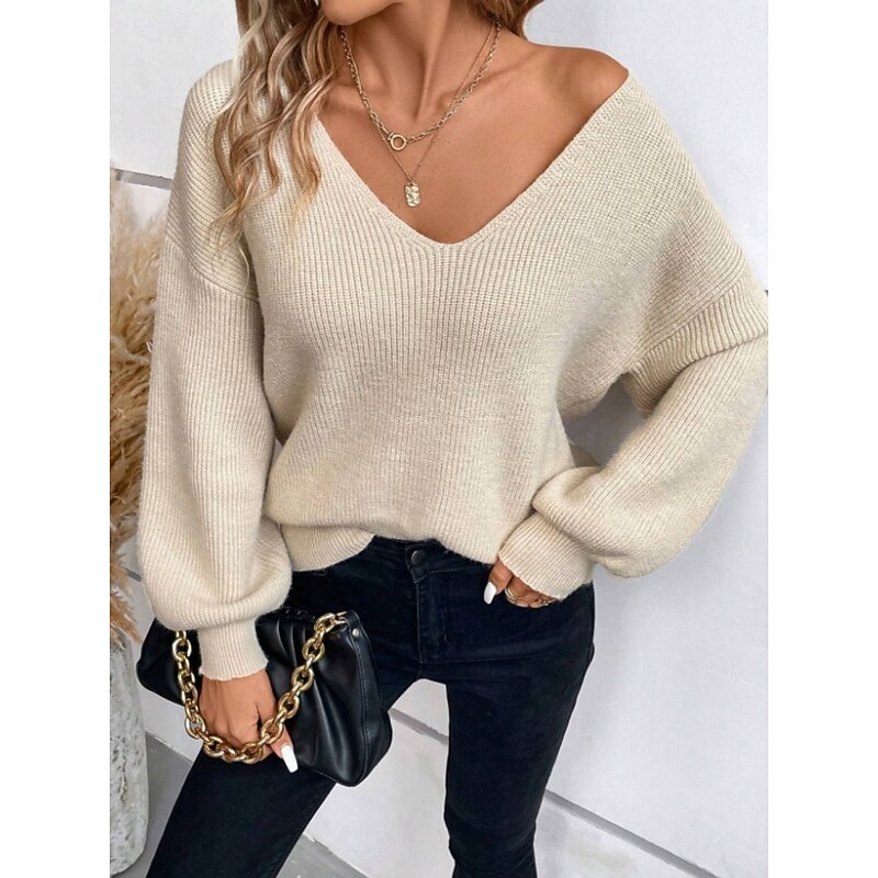 Women's Sweater Casual Soft Pure Color Ribbed V Neck Open Back Knitted Long Sleeve Regular Tops Knit Outdoor Daily Weekend Black Royal Blue Fall Winter3