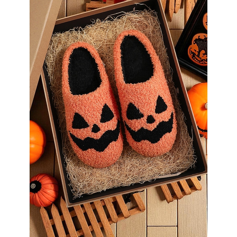 Women's Halloween Pumpkin Face Slippers - Cozy Orange Plush Indoor Shoes with Jack-O'-Lantern Design for Fall Nights,Costume Parties & Gifts