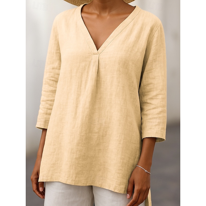 Women's T Shirt Solid Color Casual 3/4 Length Sleeve V Neck Regular Tops Daily White Royal Blue Khaki Light Blue Summer Spring3
