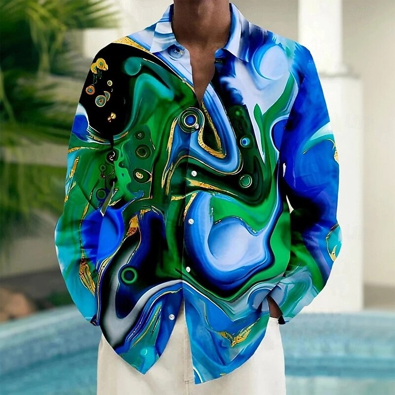 Men's Geometric Marble Abstract Liquid Art Shirt Button Up Shirt Long Sleeve Fashion Casual Vacation Daily Streetwear Spring Fall Turndown 3D Print Collared Shirts Front One Pocket Blue