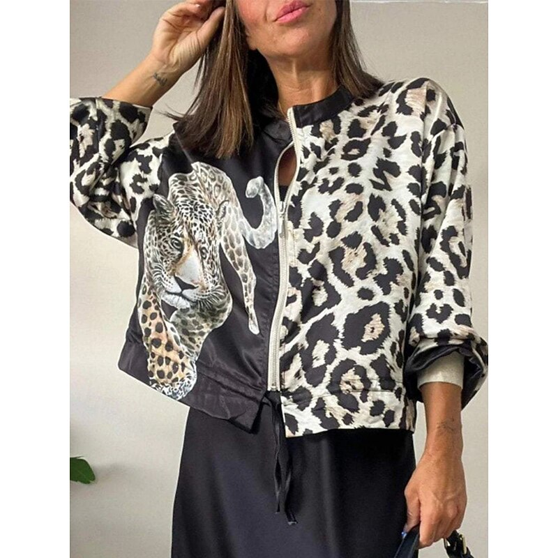 Women's Bomber Jacket Comfortable Breathable Zipper Print Casual Leopard Vacation Street Casual Daily Wear Zipper Regular Stand Collar Regular Fit Long Sleeve Outerwear Black White Pink Summer Spring