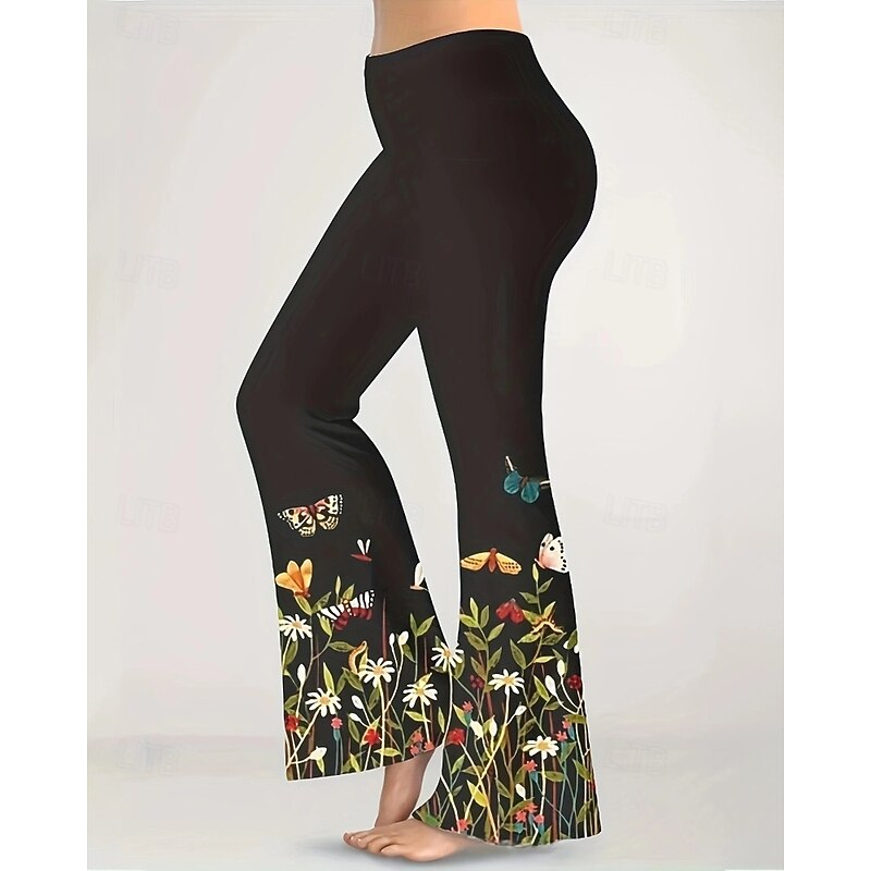 Women's Slacks Anti Chafing Shorts Cozy Leggings Streetwear Casual Full Length Natural Flower Elastic Waist Printing Comfy Outdoor Comfortable Vacation Weekend Black Golden Golden Black Fall Regular