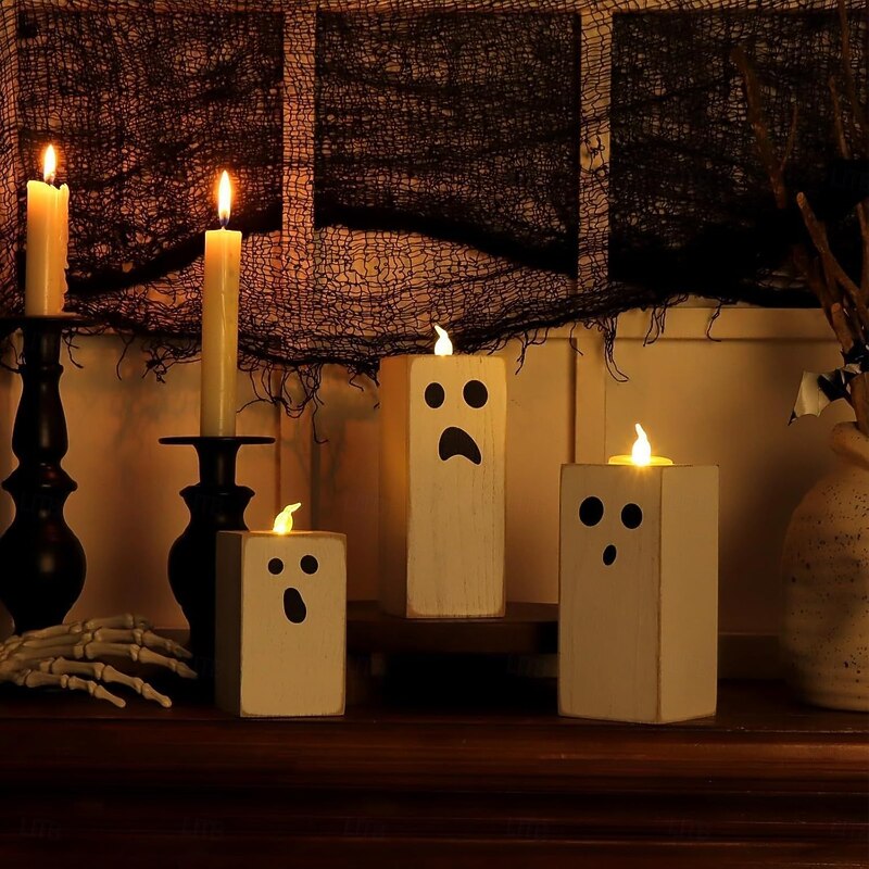 3pcs/set Halloween Ghost Wooden Candle Holder Base, Festive Party Decor Atmospheric Scented Tea Light Candle Craft Ornament for Table Decoration2