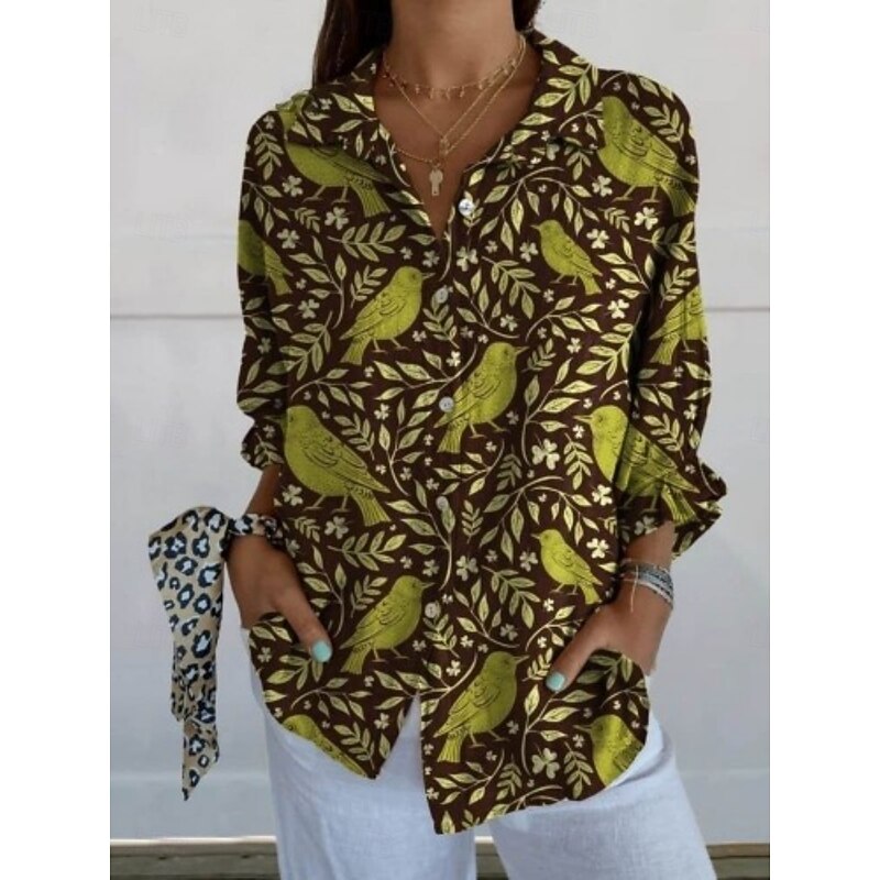 Women's Blouse Floral Daily Stylish Long Sleeve Shirt Collar Regular Tops Daily Holiday Buttons Print Orange Green Summer3