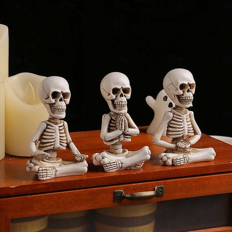3pcs/set Halloween Meditation Skeleton Resin Figurine, Sitting Skull Tabletop Decor, Spooky Halloween Home Resin Craft, Ghost Festival Gift2