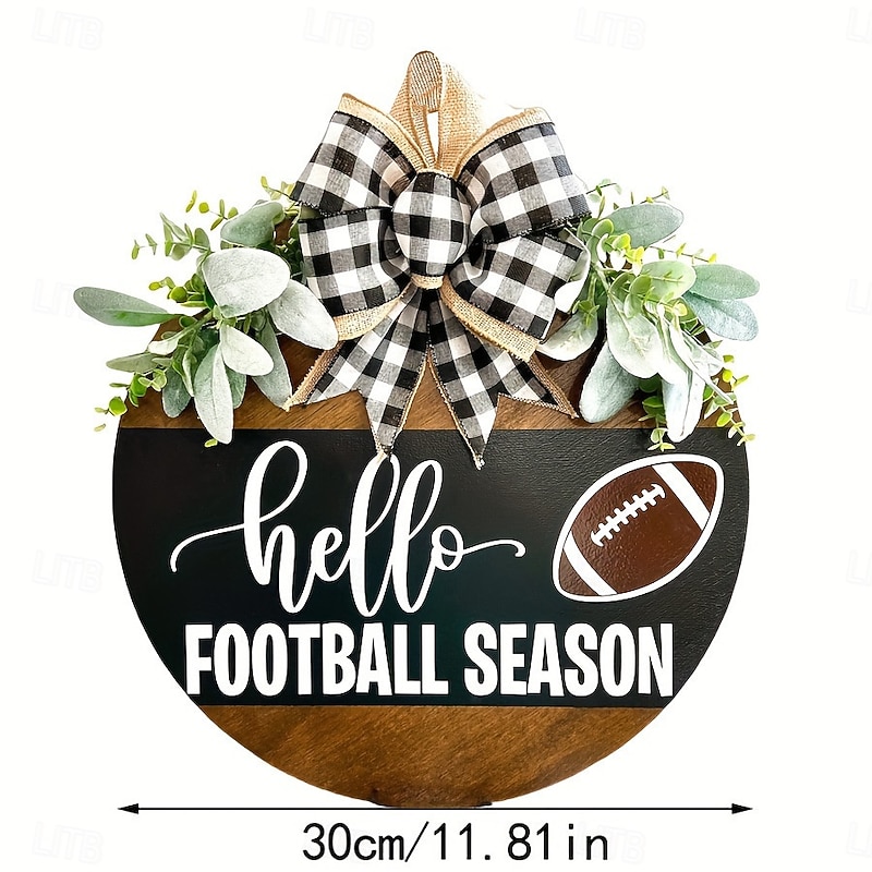 Hello Football Season Door Sign, Rustic Wooden Football Welcome Sign with Bow, Farmhouse Front Door Wreath for Fall Football Decor, Game Day Party Decoration3