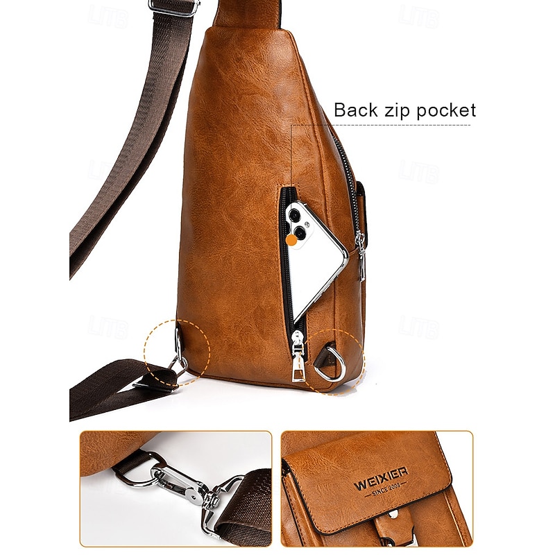 Men's Brown Faux Leather Crossbody Bag - Waterproof and Scratch-resistant Chest Bag with Adjustable Shoulder Strap for Travel, Work or Daily Casual Party Use4