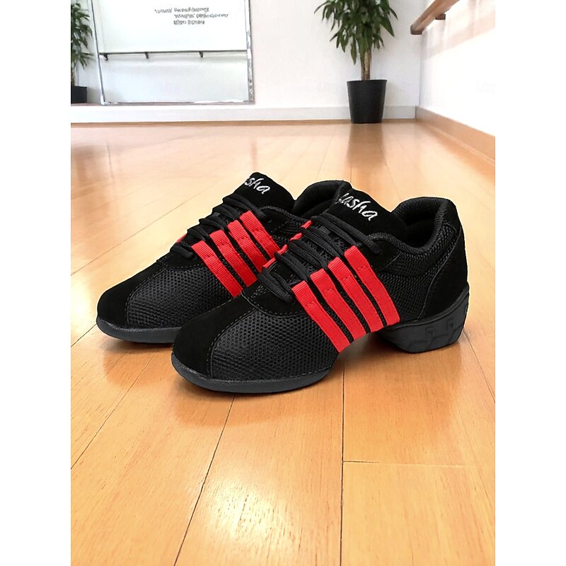 Women's Black Mesh Dance Sneakers - Lightweight Breathable Jazz and Hip Hop Practice Shoes with Red Stripes for Fitness and Performance3