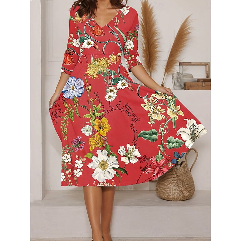 Women's Midi Dress A Line Dress Vacation Casual Going out Regular Fit Floral Graphic Long Sleeve V Neck Yellow Red Green Beige Summer2