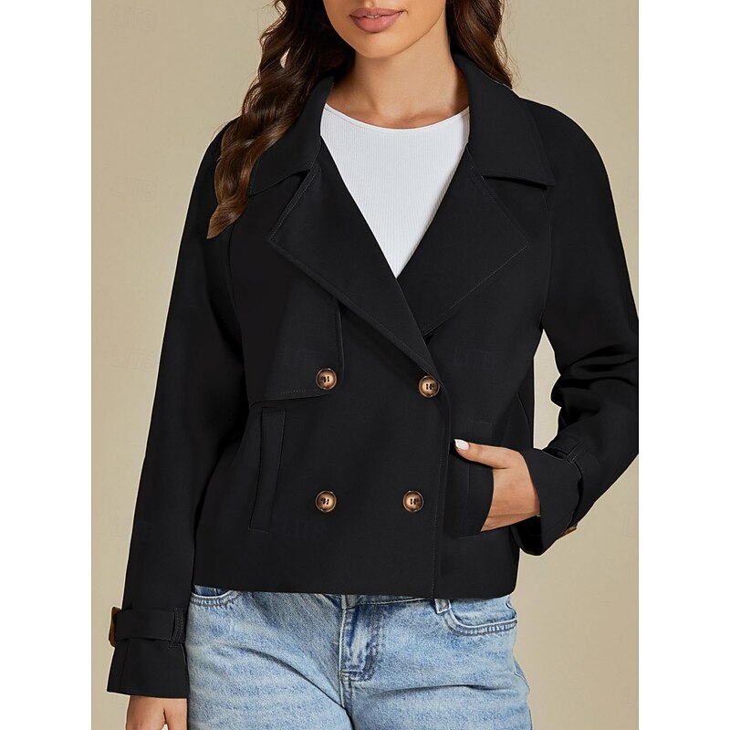 Women's Casual Jacket Comfortable Breathable Buttons Casual Plain Vacation Street Casual Daily Wear Double Breasted Short Turndown Regular Fit Long Sleeve Outerwear Black Spring Fall4