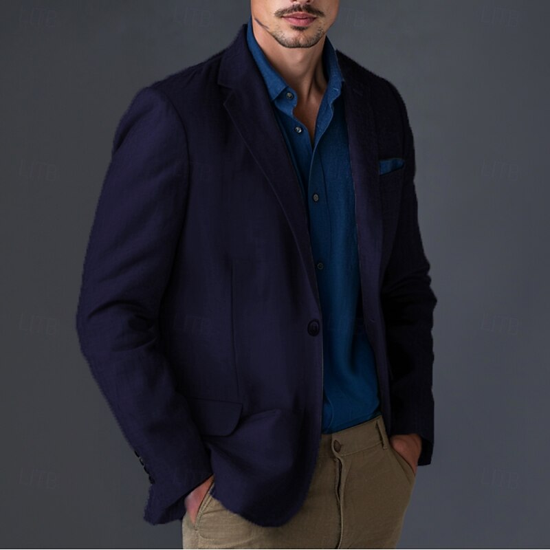 Men's Linen Blazer Sport Coat Notch Collar Fashion Casual Solid Colored Linen Blazer Blue Army Green Standard Fit Single Breasted One-button4
