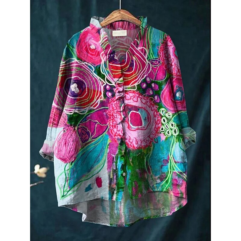 Women's Shirt Button Down Blouse Floral Stylish Casual Long Sleeve V Neck Regular Tops Daily Buttons Print Pink Red Blue Fuchsia Green Summer Spring3