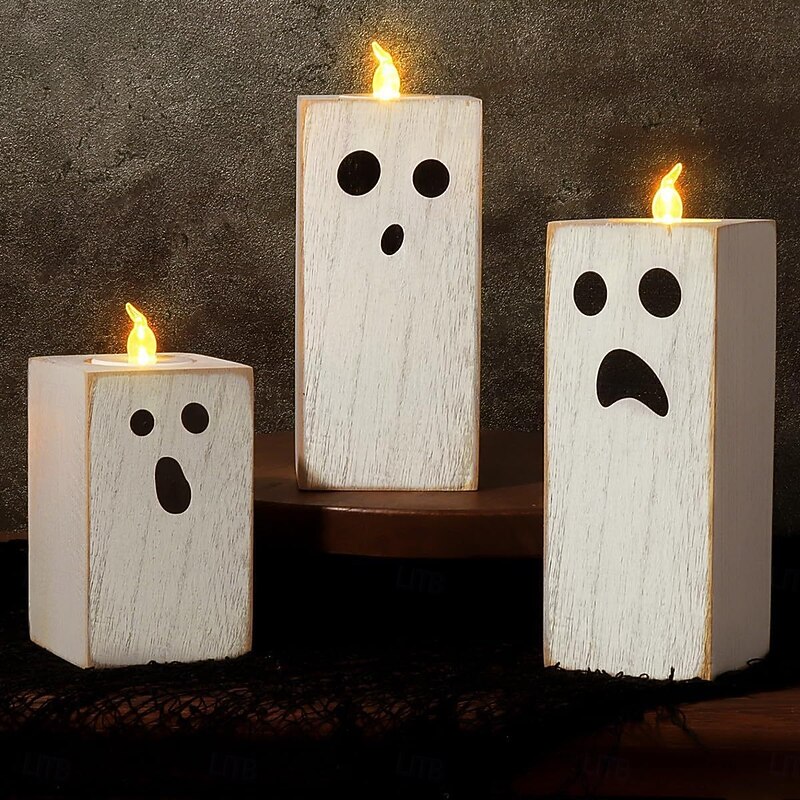3pcs/set Halloween Ghost Wooden Candle Holder Base, Festive Party Decor Atmospheric Scented Tea Light Candle Craft Ornament for Table Decoration