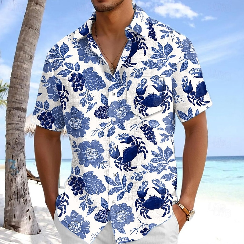 Men's Floral Print Crab Tropical Flowers Summer Hawaiian Shirt Button Up Shirt Aloha Shirt Short Sleeve Shirt Turndown Hawaiian Vacation Holiday Beach Wear Blue Light Blue S M L