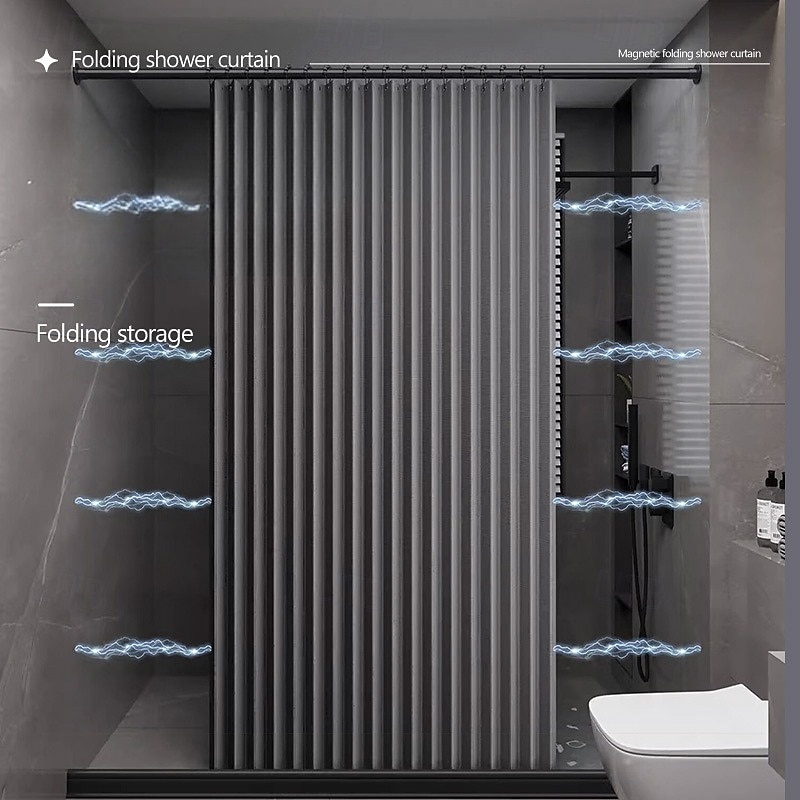 Foldable Magnetic Shower Curtain, 230g Waterproof & Mildew-Resistant Faux Linen Bathroom Curtain