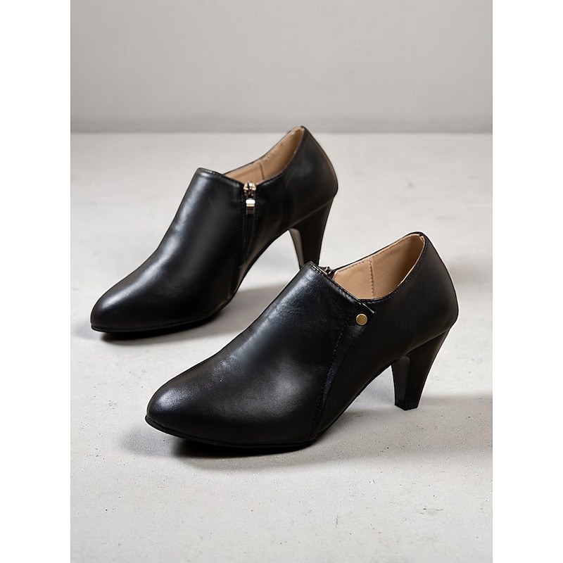 Women's Black Faux Leather Slip-On Heeled Booties – Pointed Toe Work Shoes for Professional Office Looks, Interviews and All-Day Wear