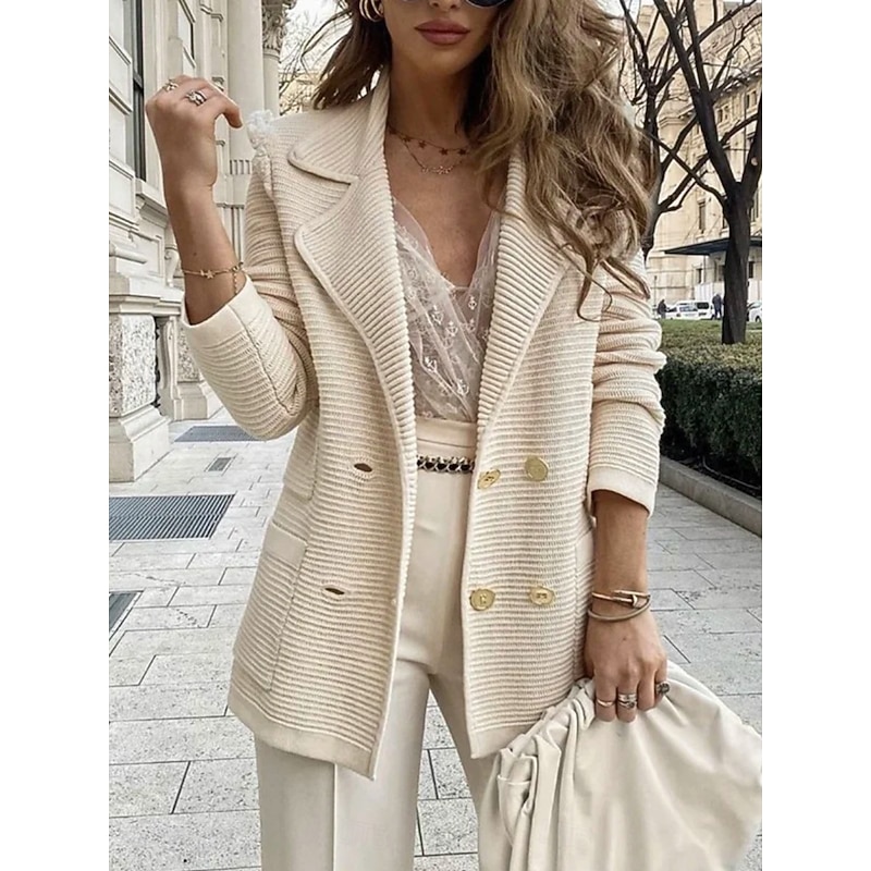 Women's Blazer Breathable Comfortable Pocket Casual Plain Office Street Casual Daily Wear Double Breasted Regular Turndown Regular Fit Long Sleeve Outerwear Black White Pink Summer3