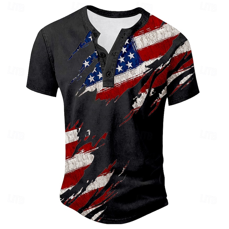 American Independence Day Men's Flag T Shirt Henley Shirt Short Sleeve T shirt 3D Print Henley Shirt Sports Fashion Street Sports Outdoor Casual Black White Blue Summer Spring Clothing Apparel S M L