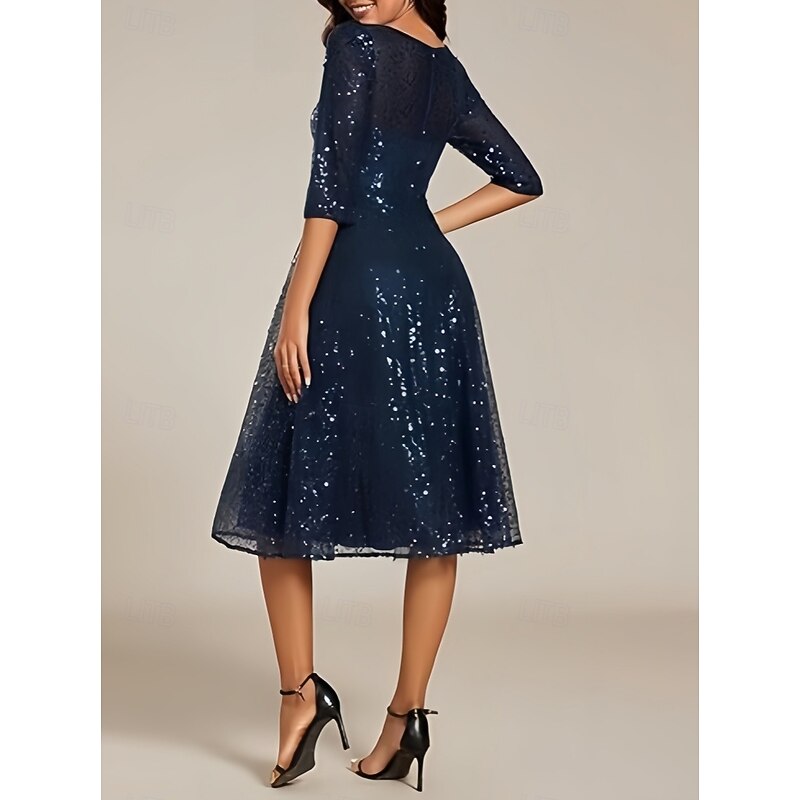 A-Line Wedding Guest Dresses Elegant Dress Wedding Guest Homecoming Knee Length Half Sleeve Crew Neck Sequined with Pleats Sequin2