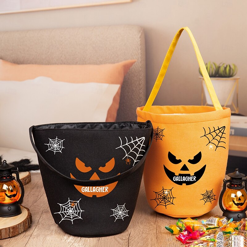 Personalized Name Halloween Treat Bag for Kids, Custom Jute Candy Tote Bag Basket for Trick or Treat, Funny Gift Sack with Handle, Creative Halloween Party Favor Bag for Boys Girls