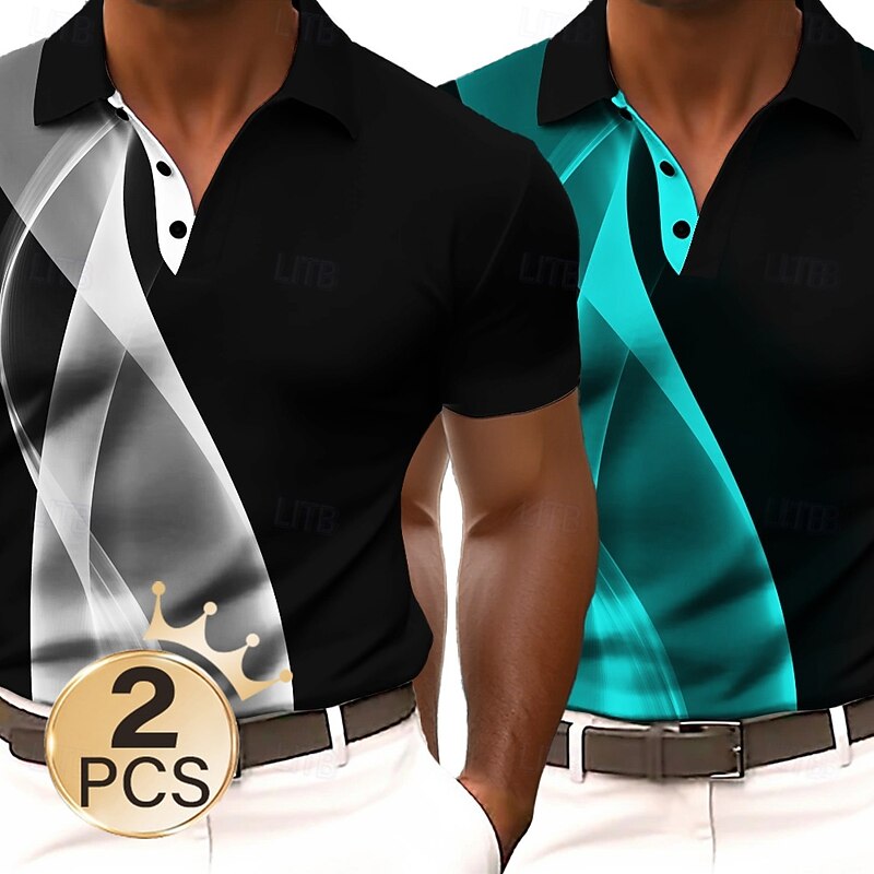 Men's 2Pcs  Geometic Line Polo Short Sleeve Polo Shirts Lapel Business Casual Business Athleisure 3D Print Buttons Summer4