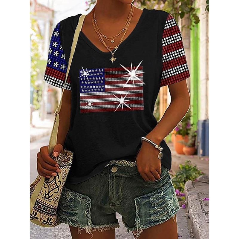 Women's Patriotic  T Shirt Graphic Flag Vintage Stylish Casual Short Sleeve V Neck Regular Tops Daily Print Black White Gray Summer Spring