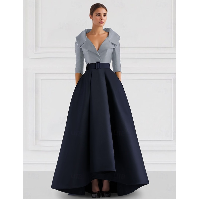 Red A-Line Satin Formal Evening Gown Elegant Fall Wedding Guest Dress Tuxedo Dress Asymmetrical 3/4 Length Sleeve Shirt Collar with Pocket