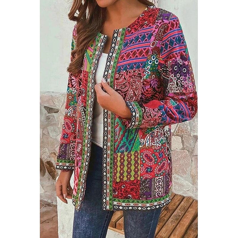 Women's Jacket Dailywear Square Neck Print Floral Casual / Daily Elegant Regular Fit Outerwear Long Sleeve Spring Red S