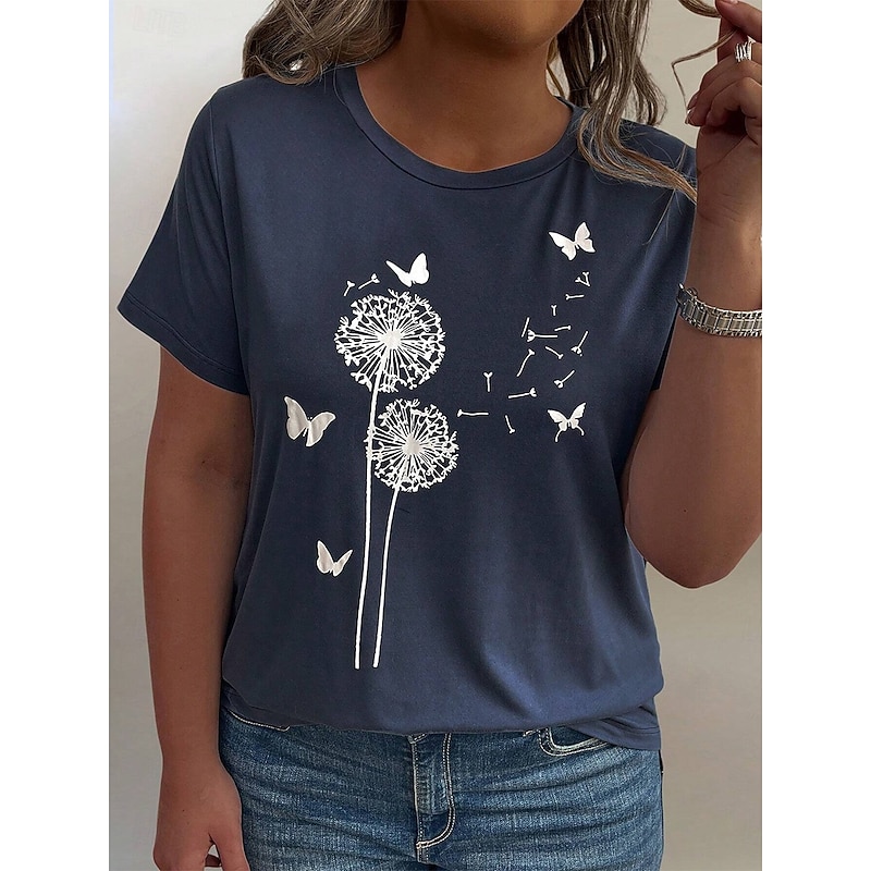 Women's Plus Size Tops T Shirt Floral Striped Print Short Sleeve Crew Neck Casual Daily Polyester Summer White Light Green