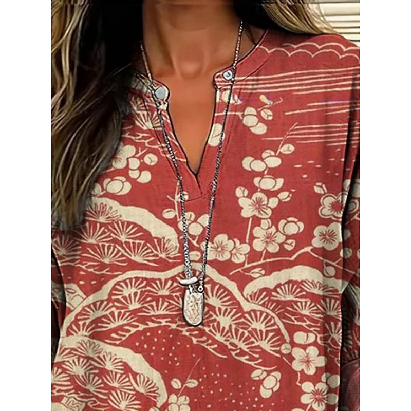 Women's Shirt Floral Stylish Modern Long Sleeve V Neck Regular Tops Daily Holiday Buttons Print Red Green Summer3