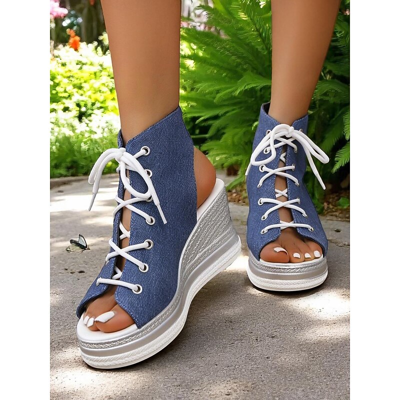 Women's Lace-Up Denim Wedge Sandals, Fashion Peep-Toe Summer Shoes, Perfect for Poolside, Brunch Outings and Seaside Cafés3