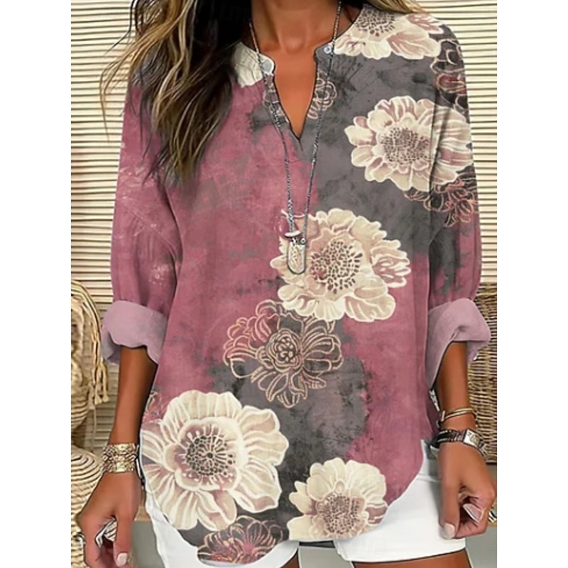 Women's Shirt Floral Stylish Modern Long Sleeve V Neck Regular Tops Daily Holiday Buttons Print Red Purple Summer3