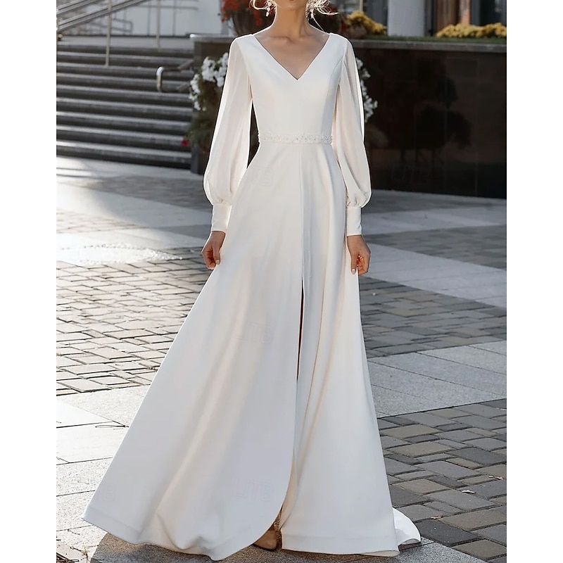 Casual Wedding Dresses A-Line V Neck Long Sleeve Floor Length Stretch Crepe Wedding Guest Dress Simple Bridal Gowns With Beaded Waist Belt