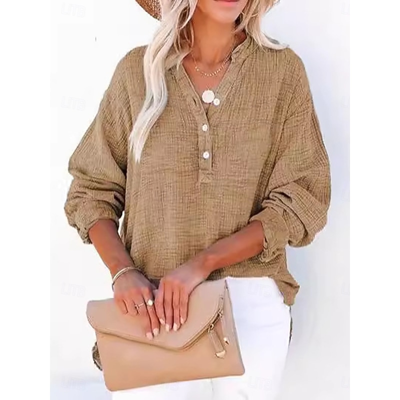 Women's Blouse Solid Color Plain Basic Casual Long Sleeve High Neck Regular Tops Daily Pocket Buttons Black Yellow Wine Green Summer