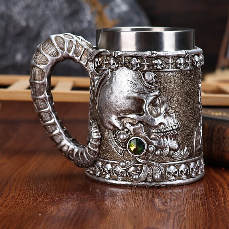 Halloween Skull Mug Creative Retro Ram Horn Skull Beer Stein 3D Raised Resin & Stainless Steel, Fun Embossed Drinkware for Beer Lovers & Party Decor3