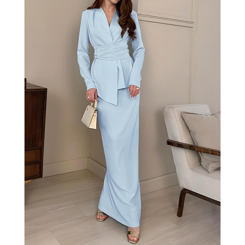 2 Pieces Tuxedo Dress Sets Sheath Formal Satin Elegant Simple Long Sleeve Floor Length V Neck