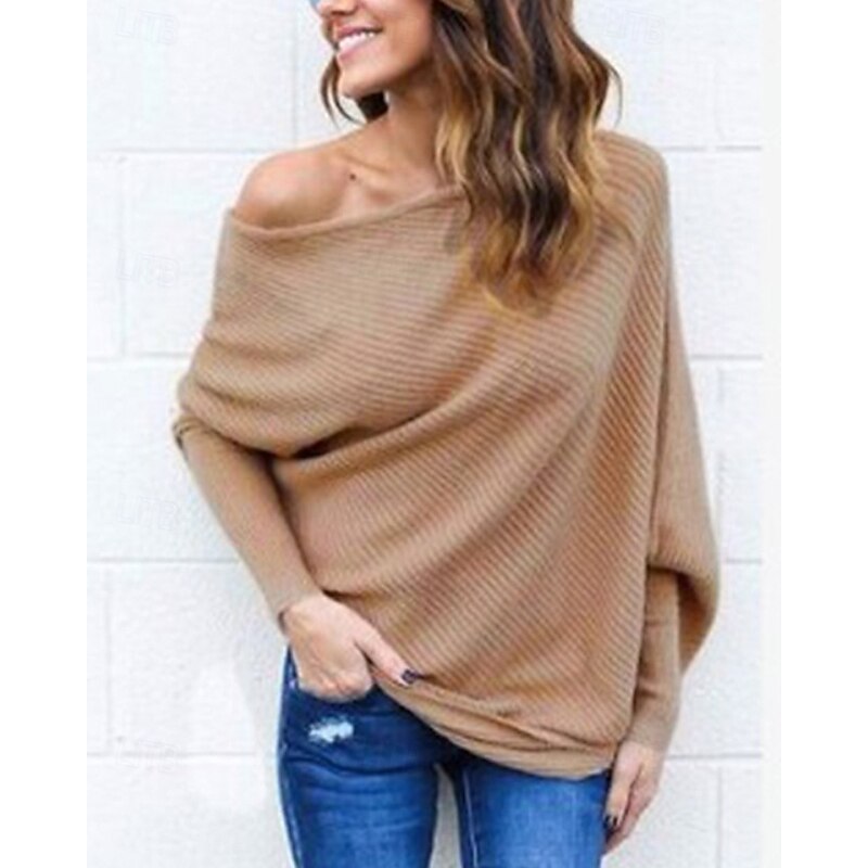 Women's Sweater Pullover Fashion Soft Solid Color Ribbed Off Shoulder Knitted Long Sleeve Regular Tops Knit Outdoor Daily Going out Wine Red Black Fall3