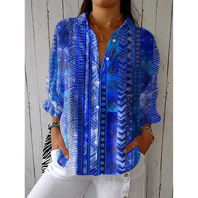 Women's Shirt Button Down Tunic Shirt Collar Long Sleeve Graphic Geometric Paisley Vintage Tropical Daily V Neck Regular Tops Work Daily Holiday s Print Royal Blue Spring Fall - Main Image
