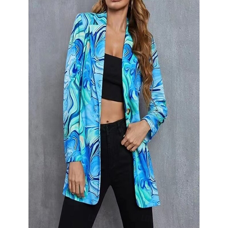 Women's Blazer Comfortable Breathable Print Modern Casual Geometric Office Street Casual Daily Wear Single Breasted Regular Turndown Loose Fit Long Sleeve Outerwear Blue Purple Fuchsia Summer Spring3