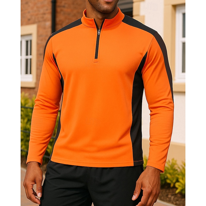 Men's Workout Shirt Running Top Zipper Long Sleeve Top Athleisure Fall Patchwork Quick Dry Moisture Wicking Gym Workout Training Running Sportswear Activewear White Blue Orange