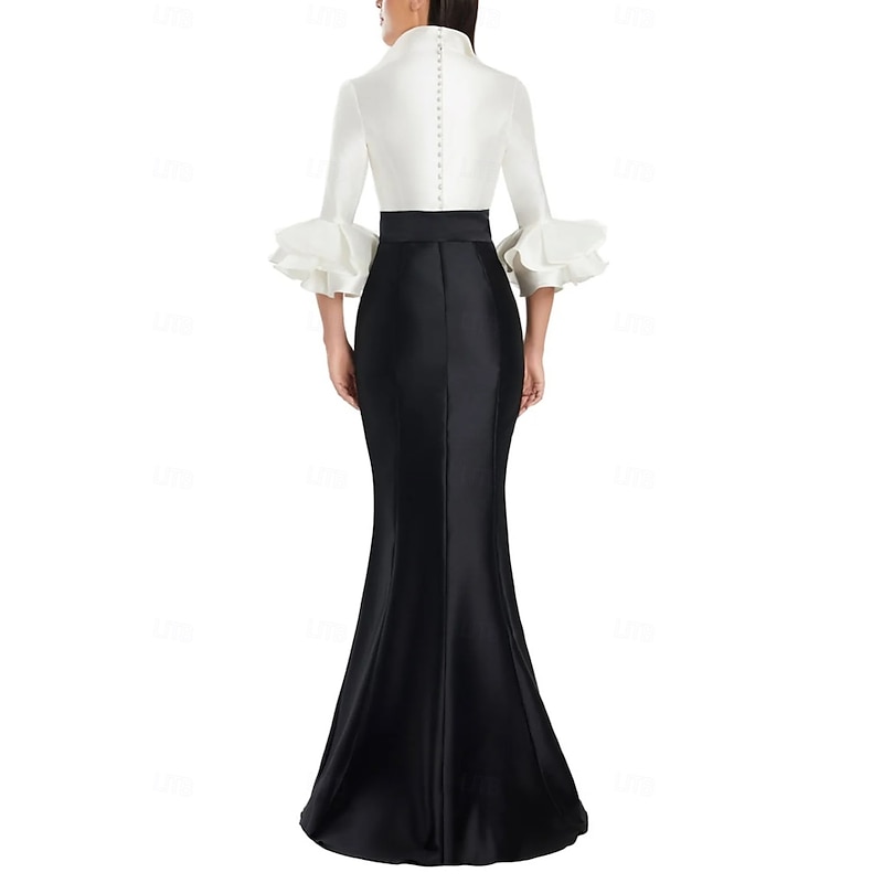 Black and White Mermaid / Trumpet Cocktail Dresses Elegant Gown Formal Wedding Floor Length Long Sleeve Shirt Collar Satin with Bow(s)2