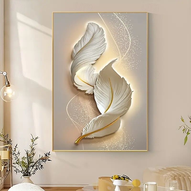 Elegant Large Frameless Canvas Art - Serene White Feathers with Gold Accents Modern Abstract Wall Decor Room Decor for Living Room and Bedroom