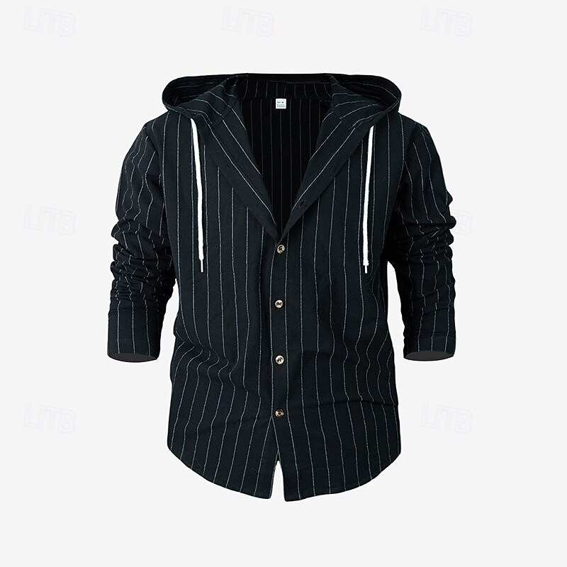 Men's Shirt Linen Shirt Casual Shirt Button Up Shirt Cotton Shirt Stripe Vacation Hawaiian Black White Navy Blue Khaki Long Sleeve Hooded Spring Fall Clothing Apparel Drawstring2
