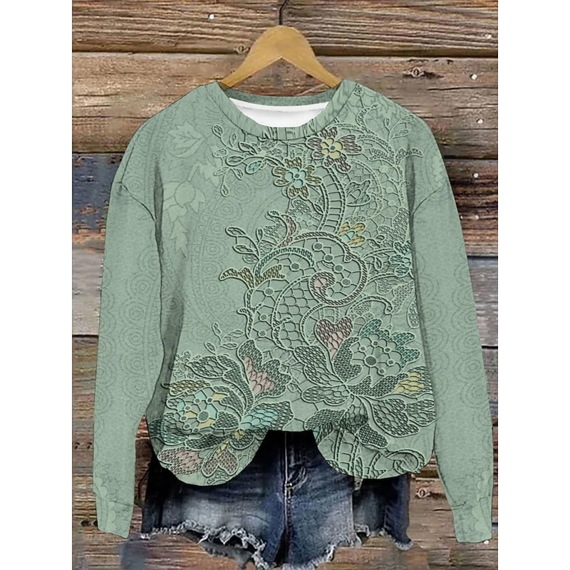 Women's Pullover Sweatshirt Floral Warm Vintage Western Long Sleeve Crew Neck Regular Tops Home Street Dailywear Print White Dark Pink Blue Green Gray Summer Spring Fall Winter3