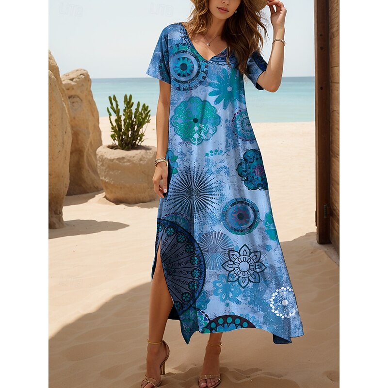 Women's Midi Dress Casual Dress Sundress A Line Dress Summer Dress Bohemia Vacation Casual Beach Loose Fit Graphic Boho Paisley Damask Short Sleeve V Neck Yellow Red Blue Purple Summer Spring Fall4