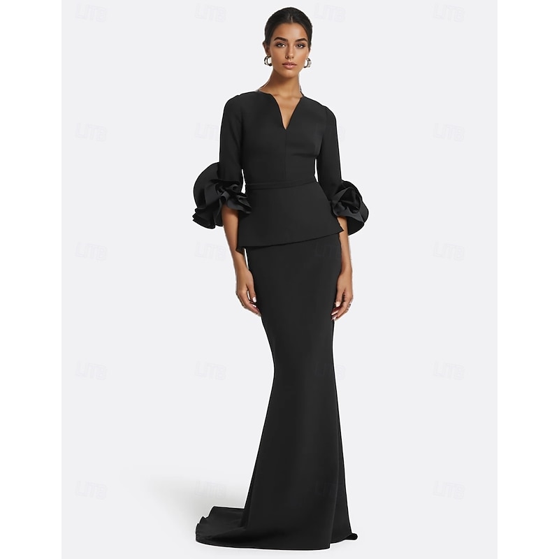 Black Mermaid / Trumpet Evening Gown Elegant Dress Formal Floor Length Long Sleeve V Neck Stretch Crepe with Ruched